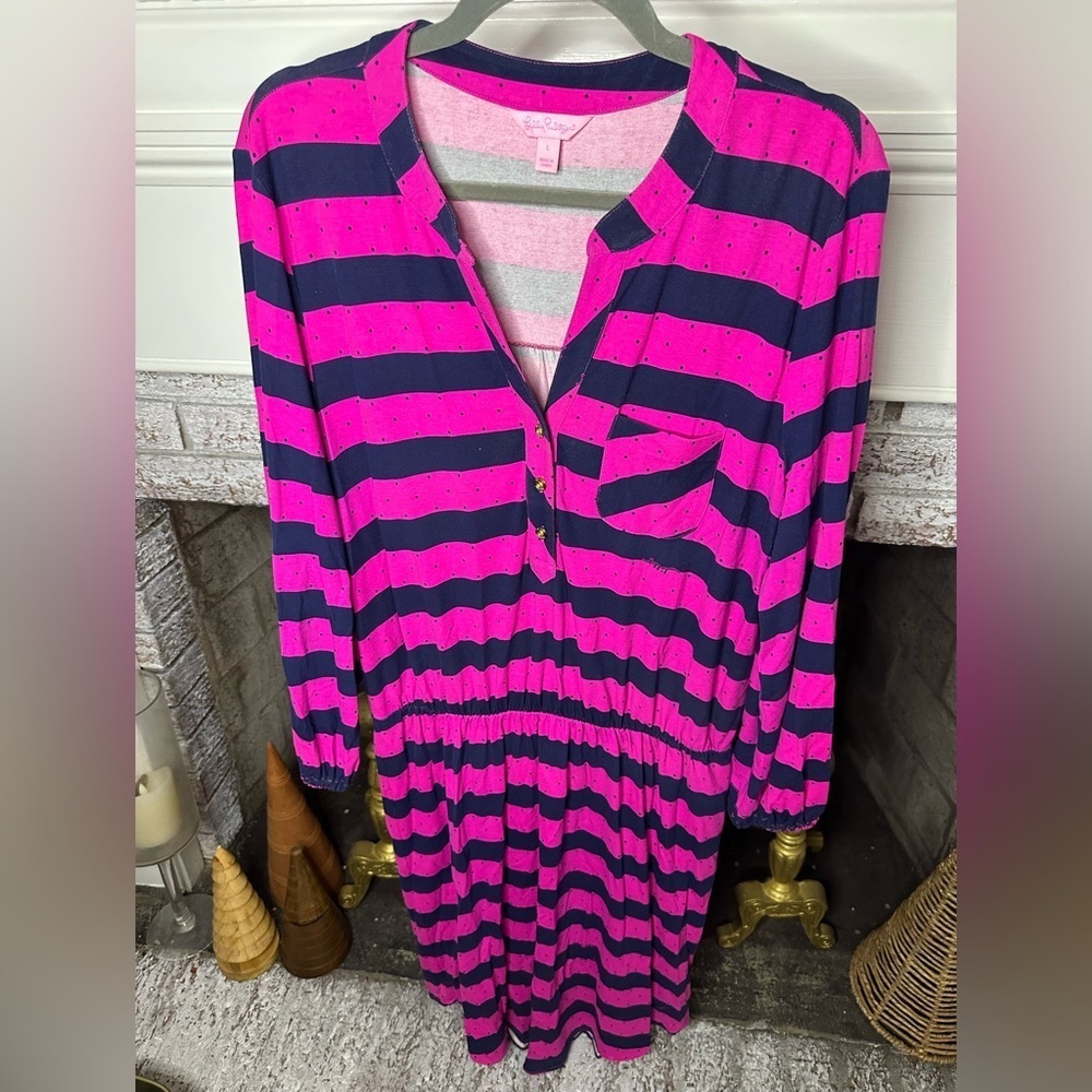 Lilly Pulitzer Beckett Stripe Balloon Sleeve Cinch Waist Pink and Navy Dress